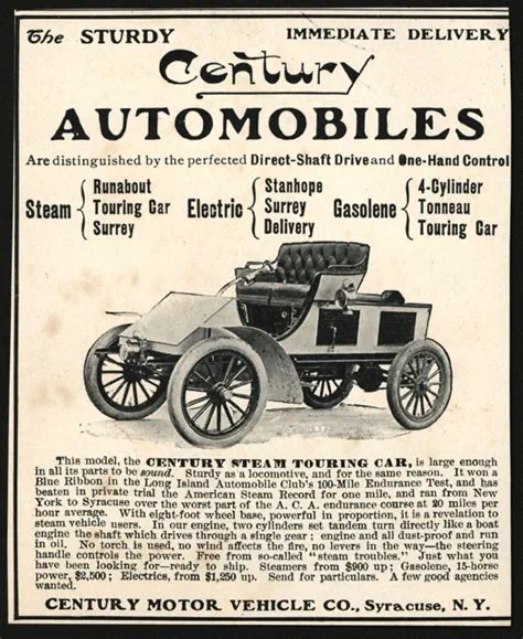Рекламный плакат старинного автомобиля Century Steam Touring Car '1901