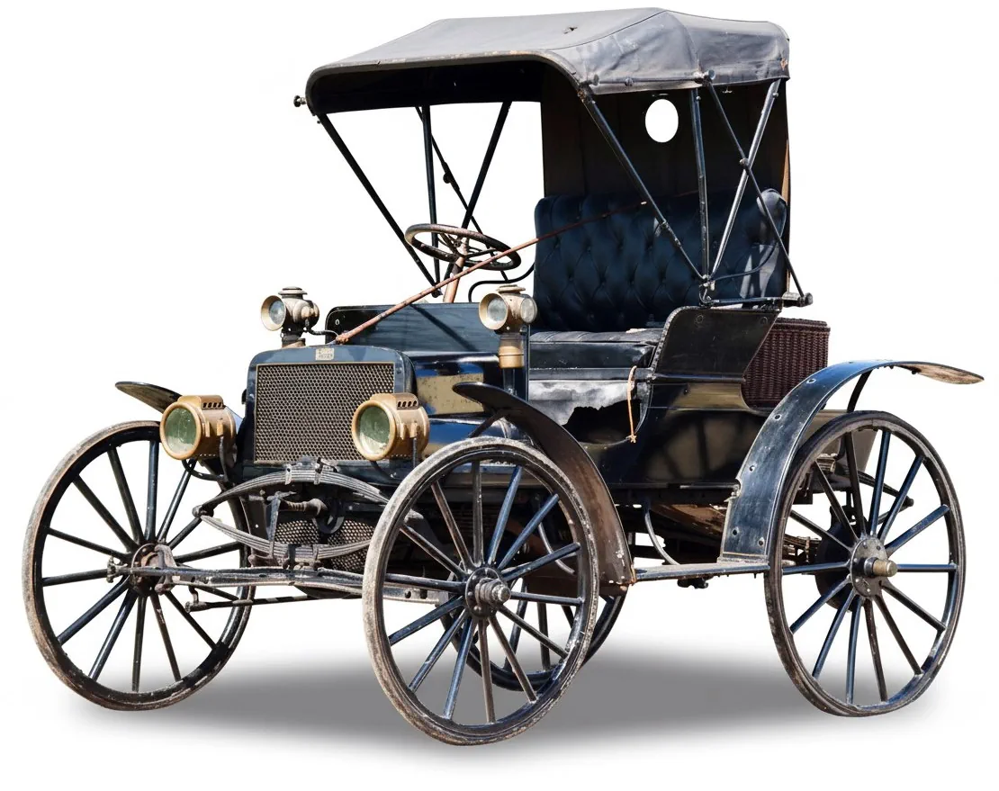 De Tamble-Miller High-Wheel Runabout Prototype '1905 вид спереди под углом с поднятой крышей
