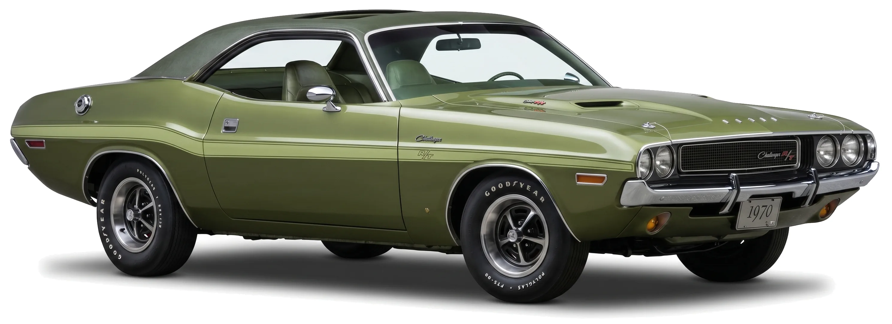 Dodge Challenger R/T Sunroof 1970 — спорткар — белый фон — вид сбоку под углом