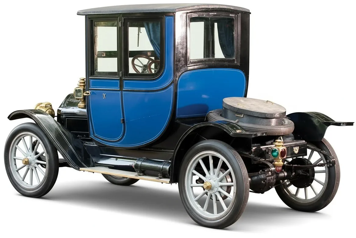 Старинный автомобиль синего цвета E.M.F. Model 30 Coupe 1909 года, вид сбоку под углом
