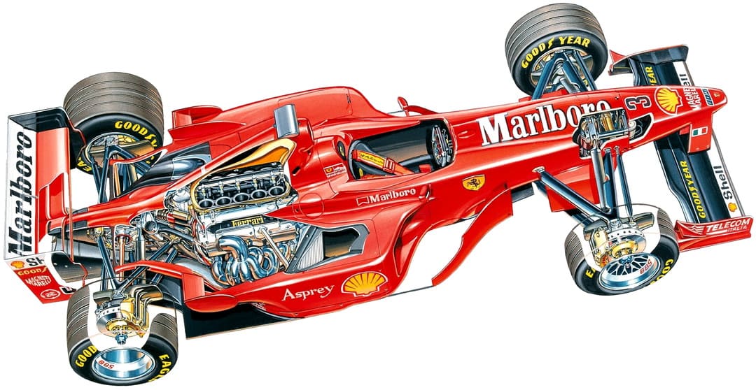 Схематический рисунок внутреннего строения гоночного автомобиля Ferrari F300 '1998