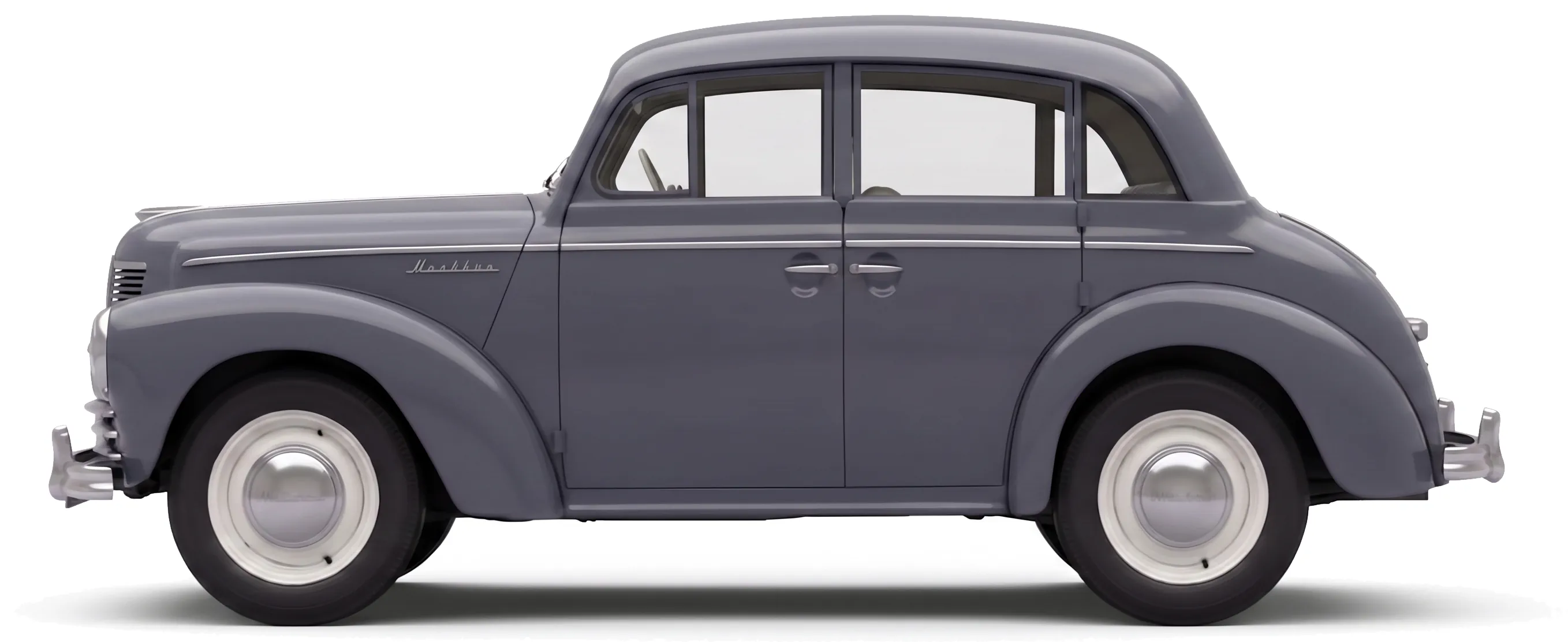 Москвич-400-424 1948 — советский седан — белый фон — вид сбоку