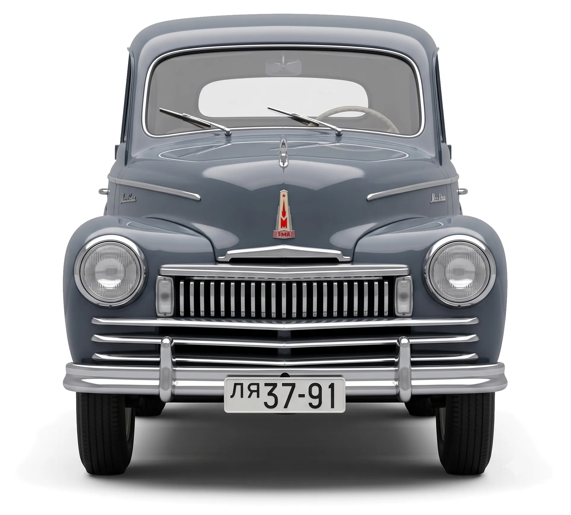 Москвич-400-424 1948 — советский седан — белый фон — вид спереди