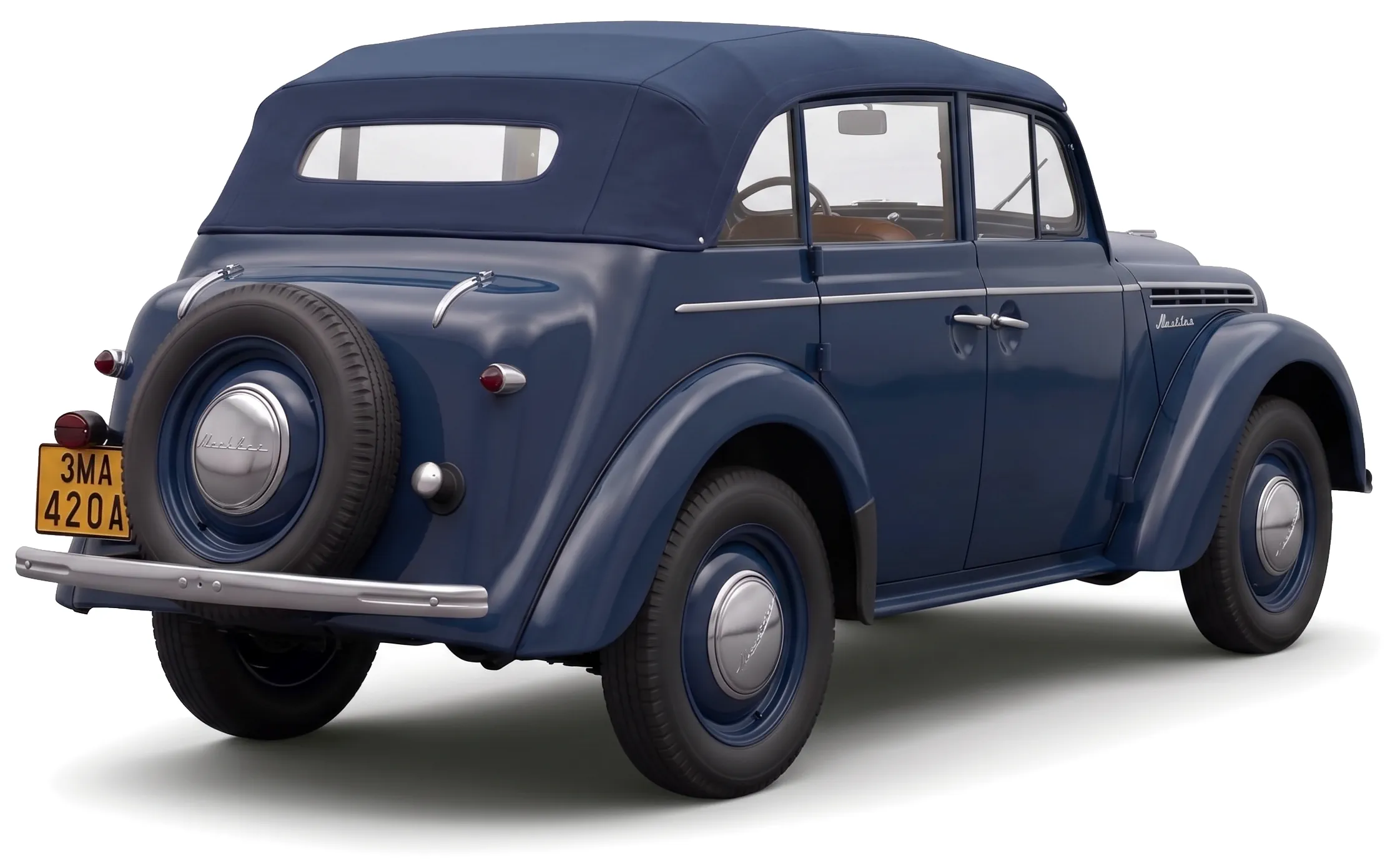 Москвич-400-420А 1948 — ретро седан — белый фон — вид сзади под углом