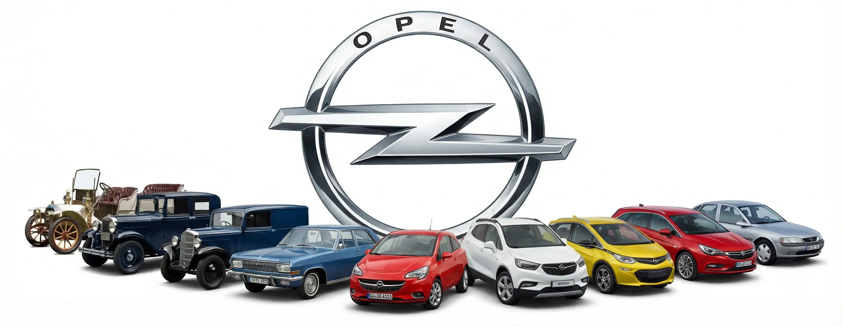 Автомобили Opel в ряд рядом с логотипом на белом фоне