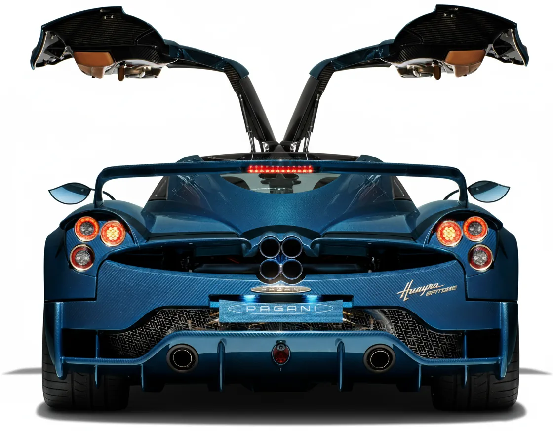 Спорткар Pagani Huayra Epitome '2024, вид сзади с открытыми дверями