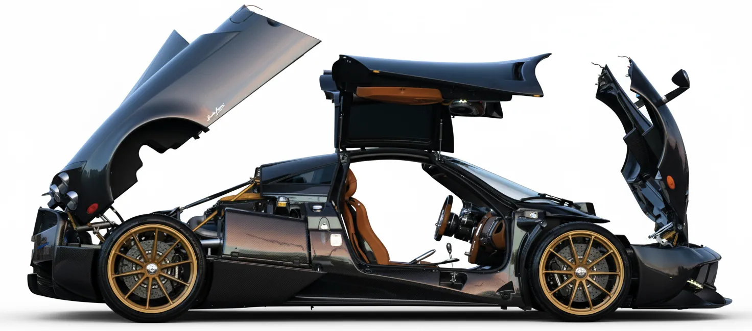 Спорткар Pagani Huayra Pacchetto Tempesta '2016 года, с открытыми дверями, поднятой задней и передней частью