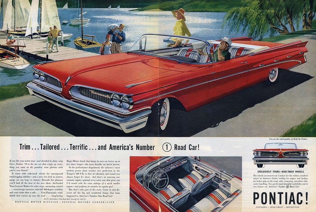 Рекламный плакат автомобиля Pontiac Bonneville Custom Convertible '1959
