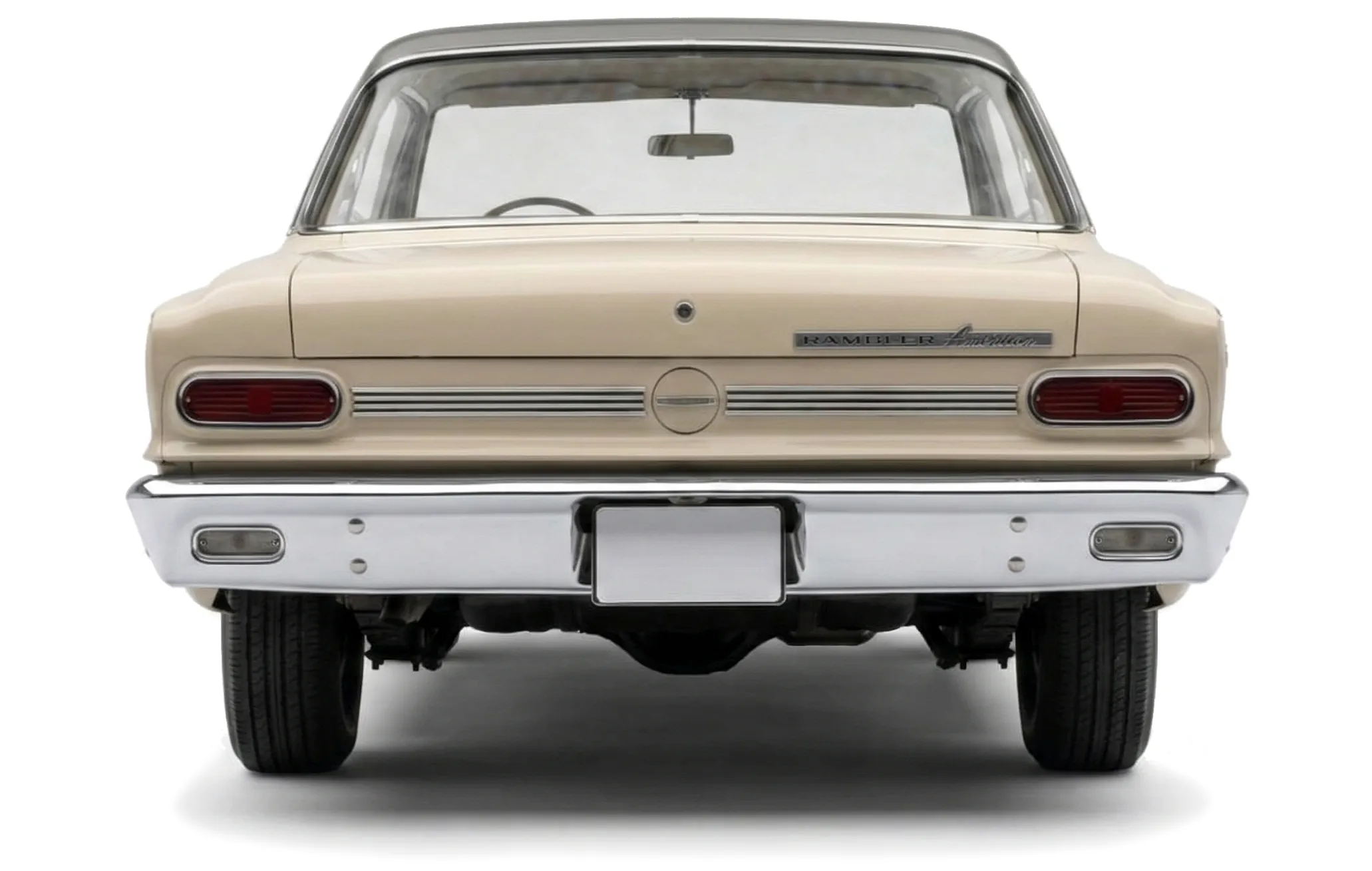 Автомобиль Rambler American 440-Н Hardtop Coupe '1964 на белом фоне, вид сзади