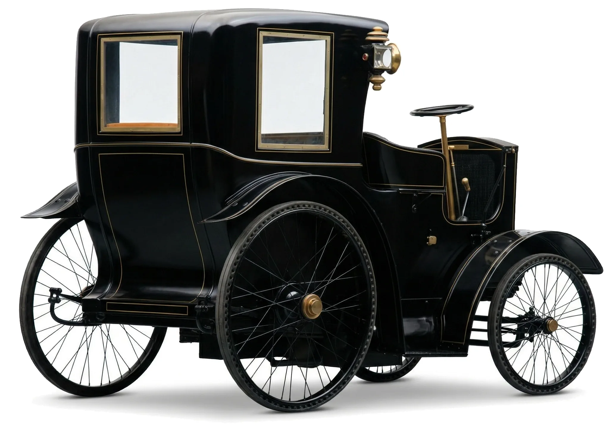 Винтажный автомобиль Rockwell Hansom Cab '1900 на белом фоне, вид сбоку под углом
