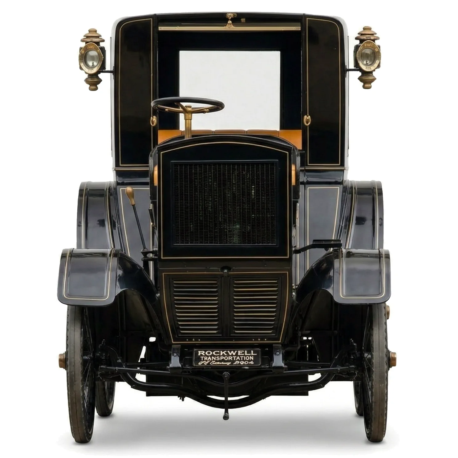 Старинный автомобиль Rockwell Hansom Cab '1900 на белом фоне, вид спереди