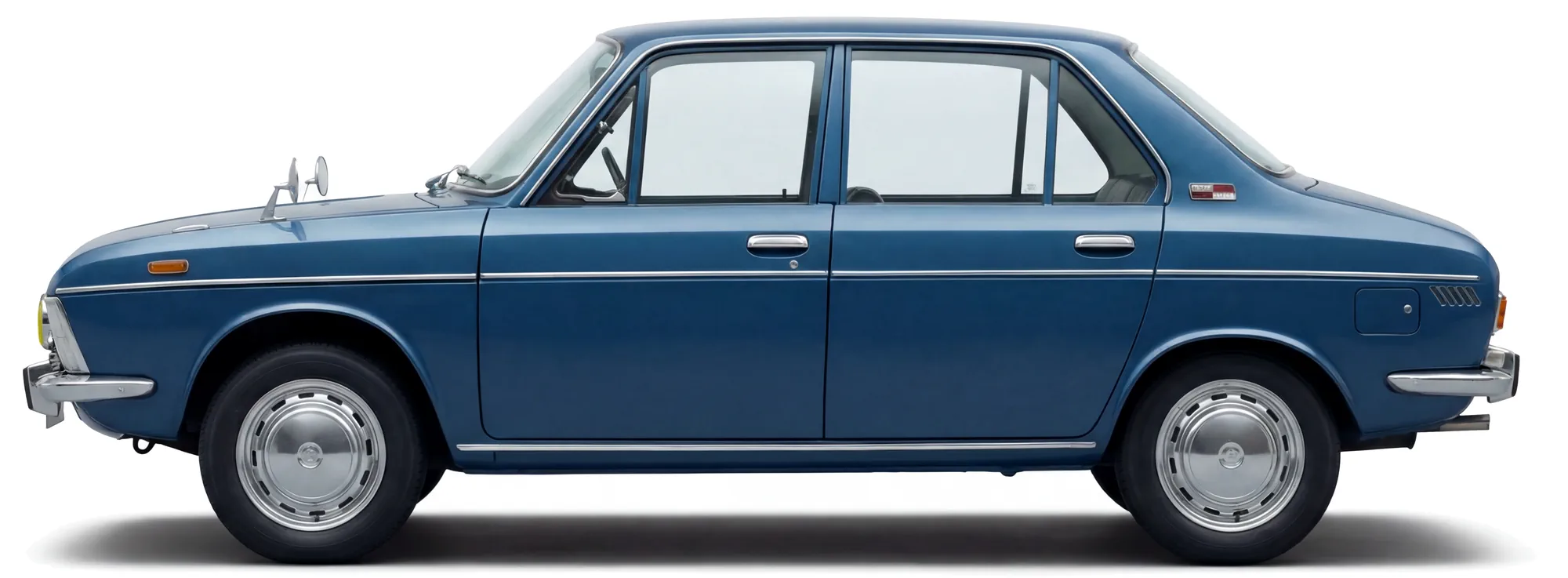 Subaru 1000 седан 1966 — синий — белый фон — вид сбоку