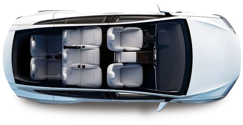 Расположение сидений в семиместном кроссовере Tesla Model X '2015–22, вид сверху