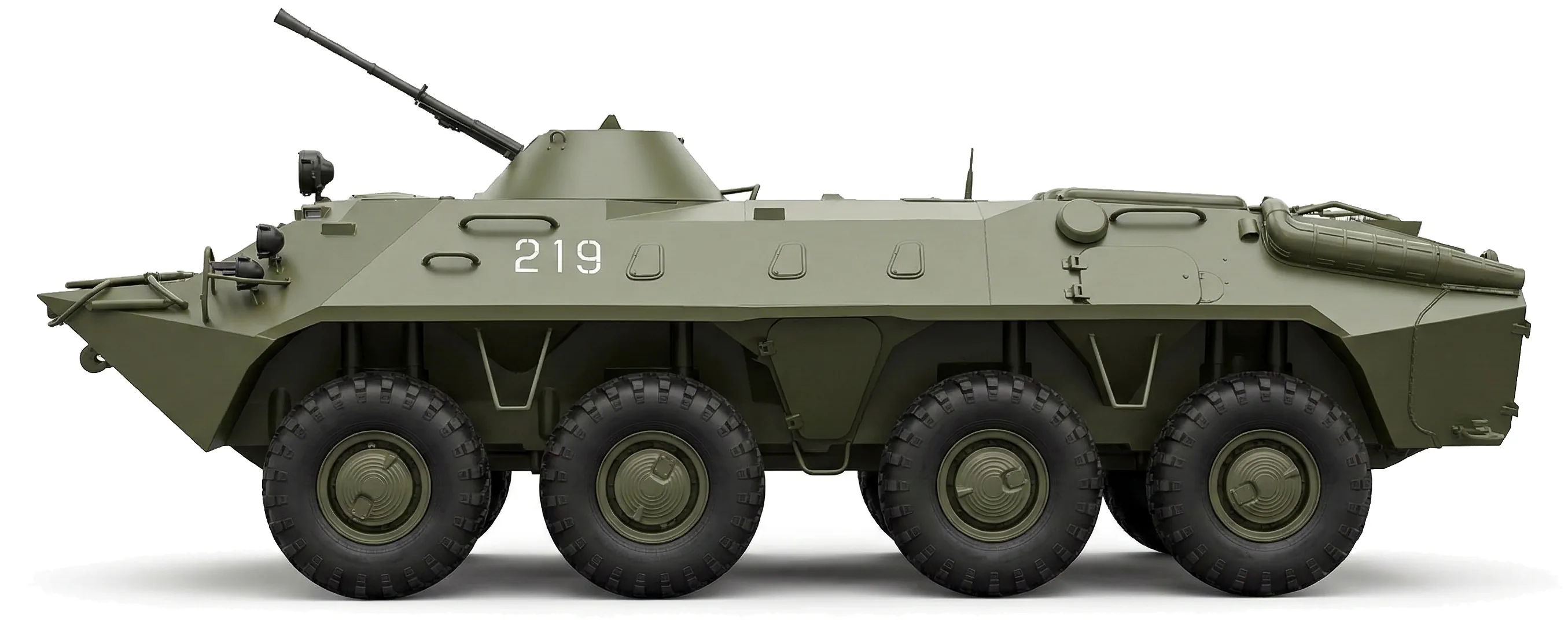 ГАЗ-4905 1975 — БТР-70 — белый фон — военная машина — вид сбоку