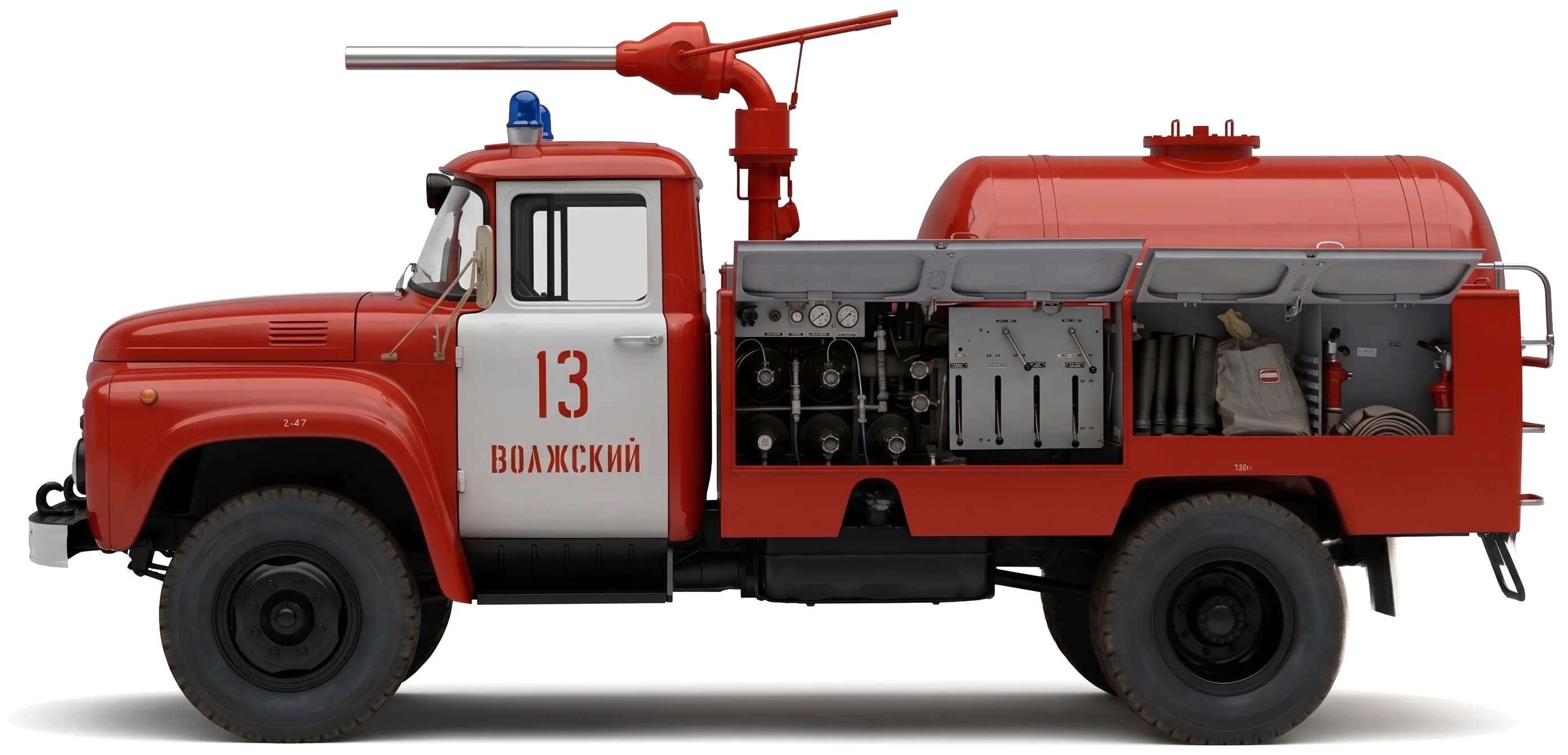АП-3(130)-148А 1983 — пожарная машина — белый фон — вид сбоку с открытыми дверцами
