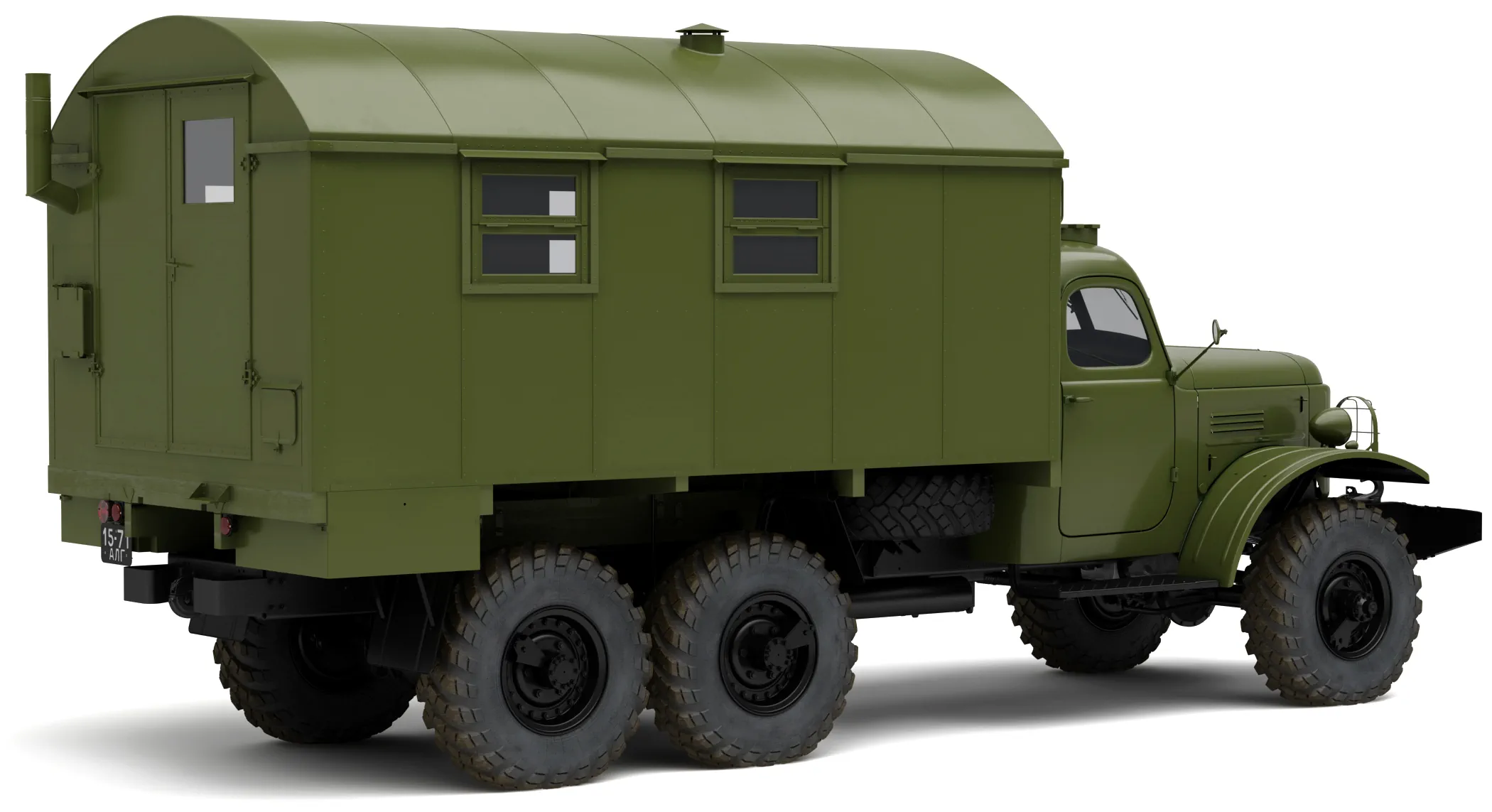 Грузовик с кунгом ЗиЛ-157 Кунг-1М '1958 года, зеленого цвета, вид сбоку под углом