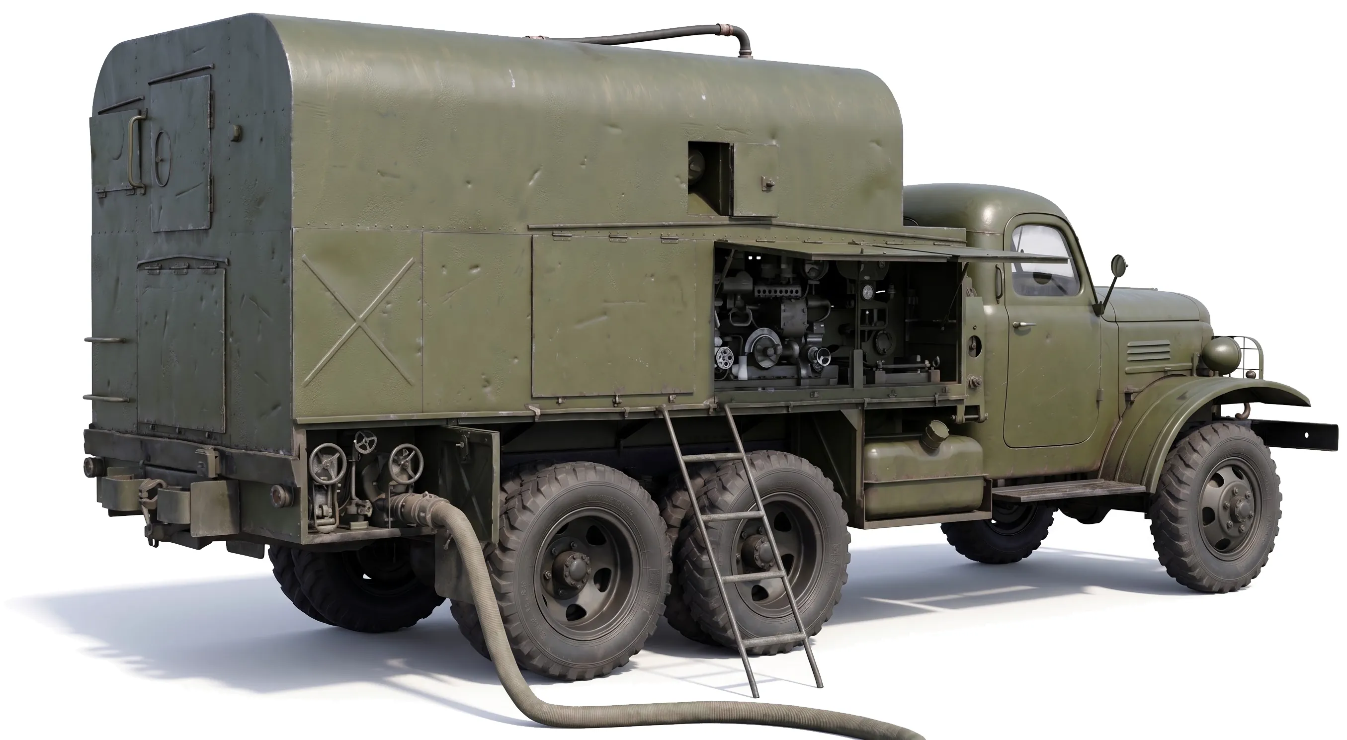 ЗАК-31 на шасси ЗИС-151 — заправщик азотной кислоты — белый фон — вид сбоку с открытыми люками